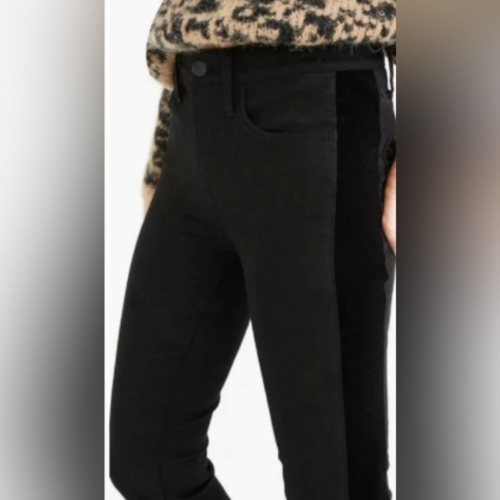 Madewell high rise black jeans with velvet tuxedo stripe